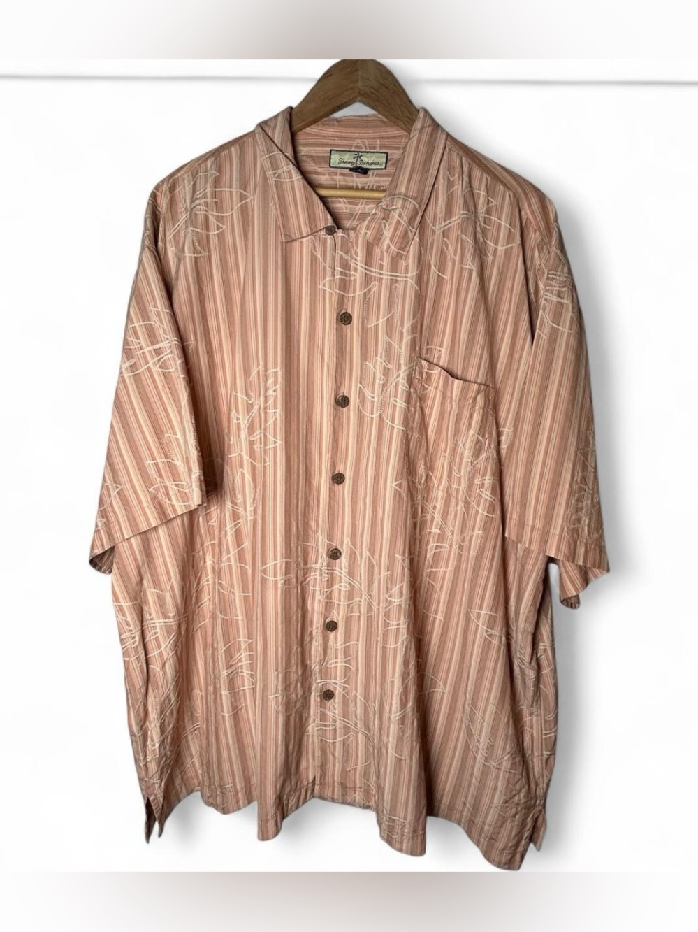 Tommy Bahama 100% Silk Rust Tan Striped Button Floral Shirt Size XXL Vacation
